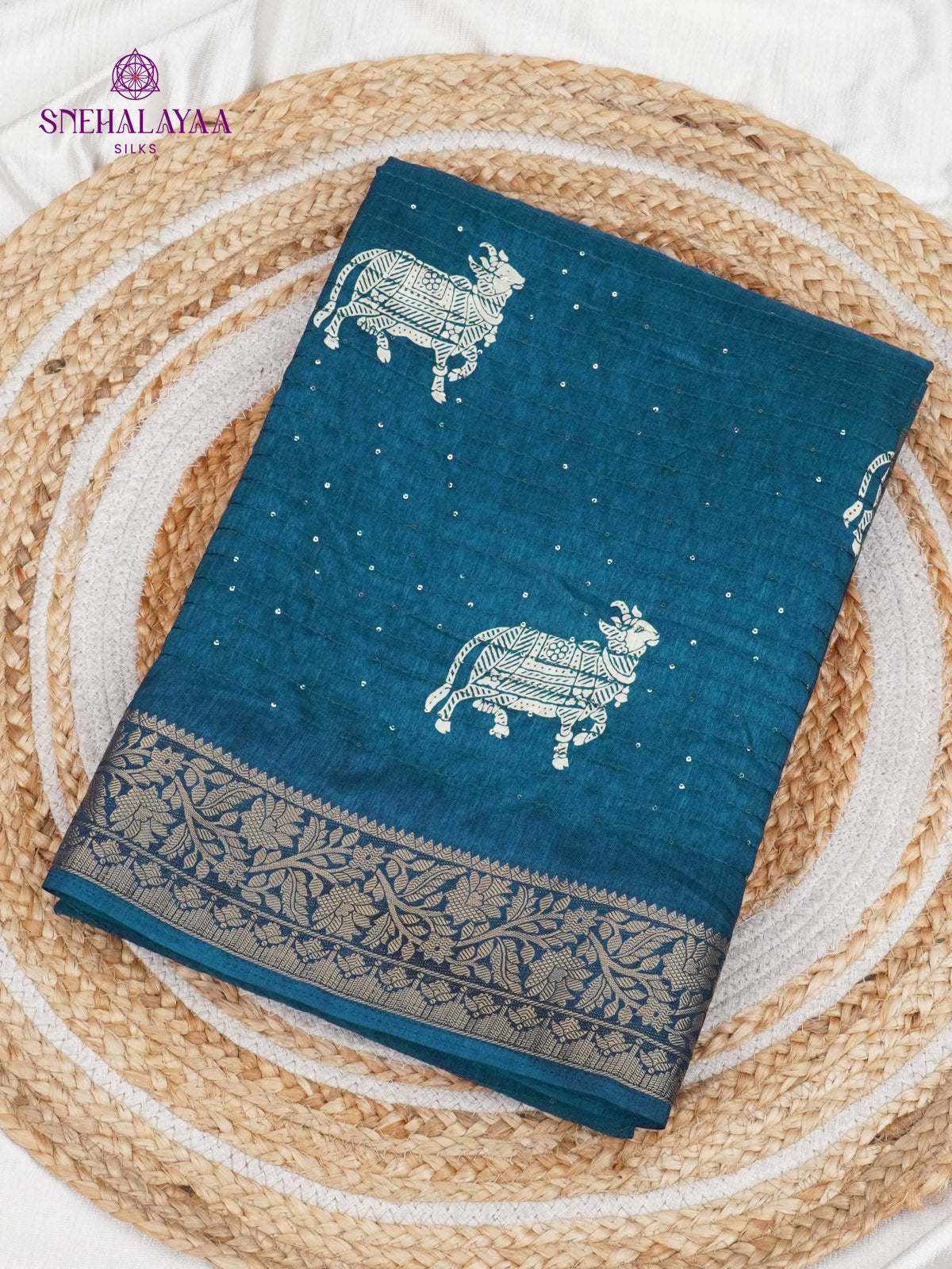 Peacock Blue Dola Silk Saree