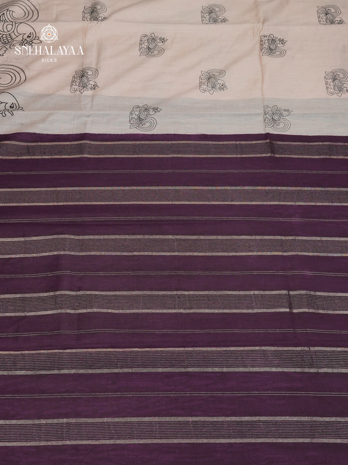 Beige Kalamkari Saree with Plum Woven Border