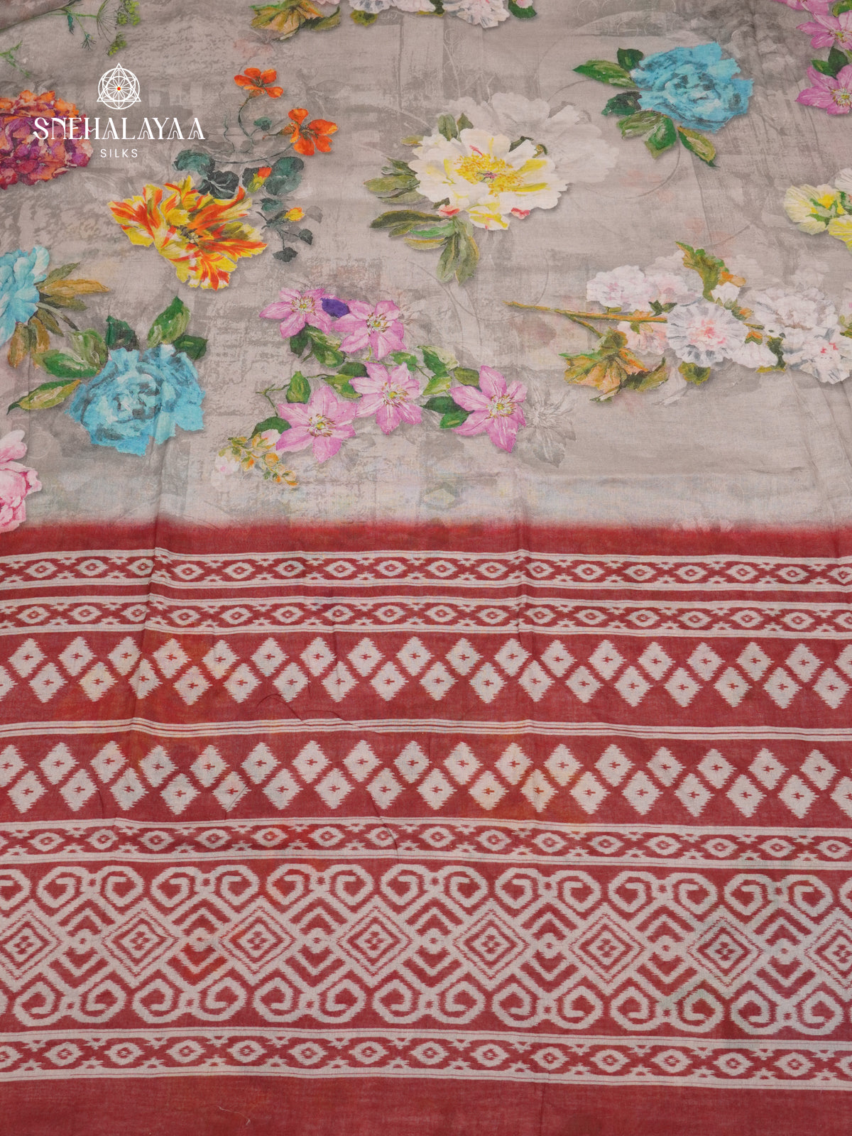 Grey Printed Linen Cotton Saree