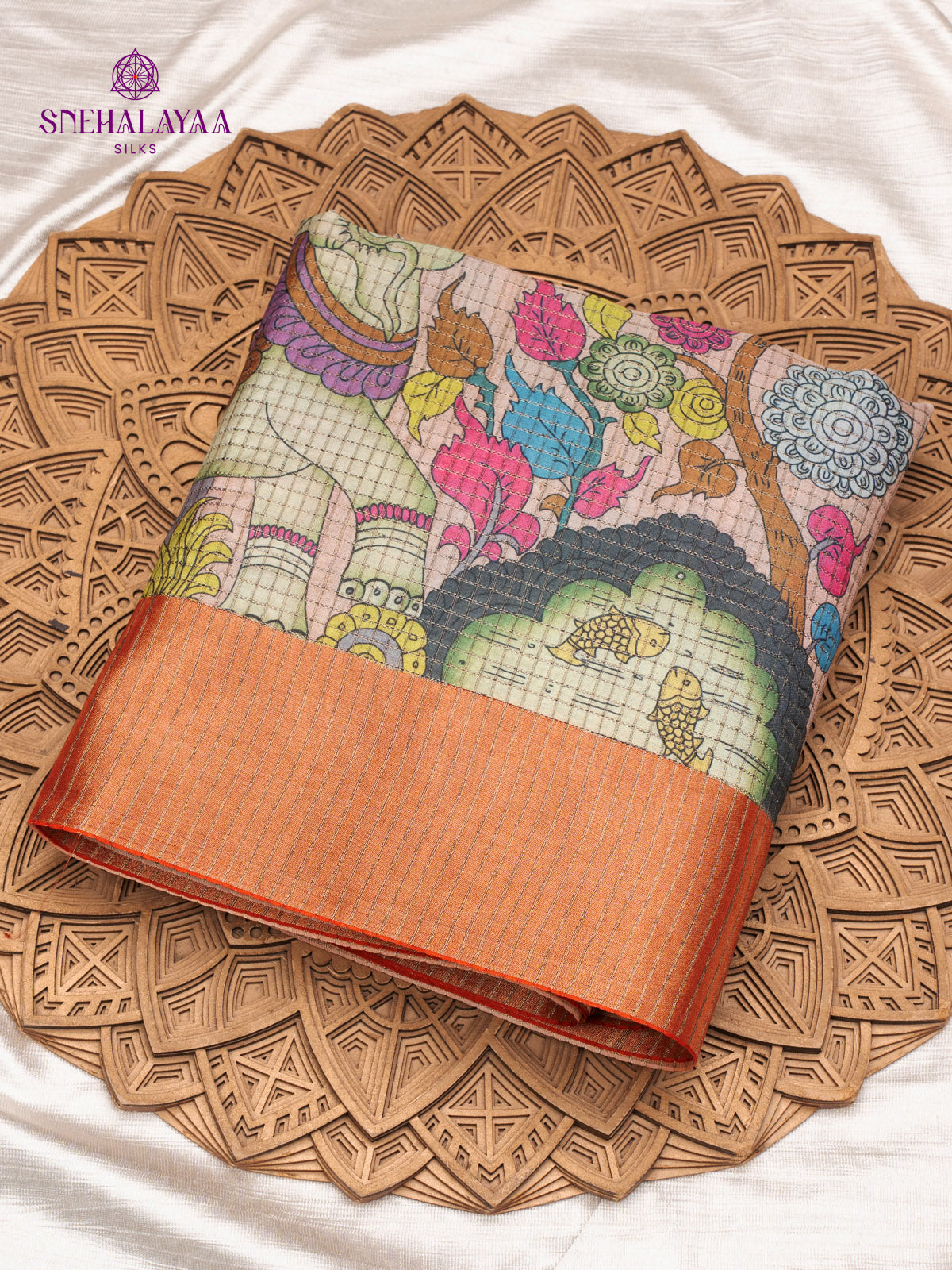 Peach Printed Tussar Saree