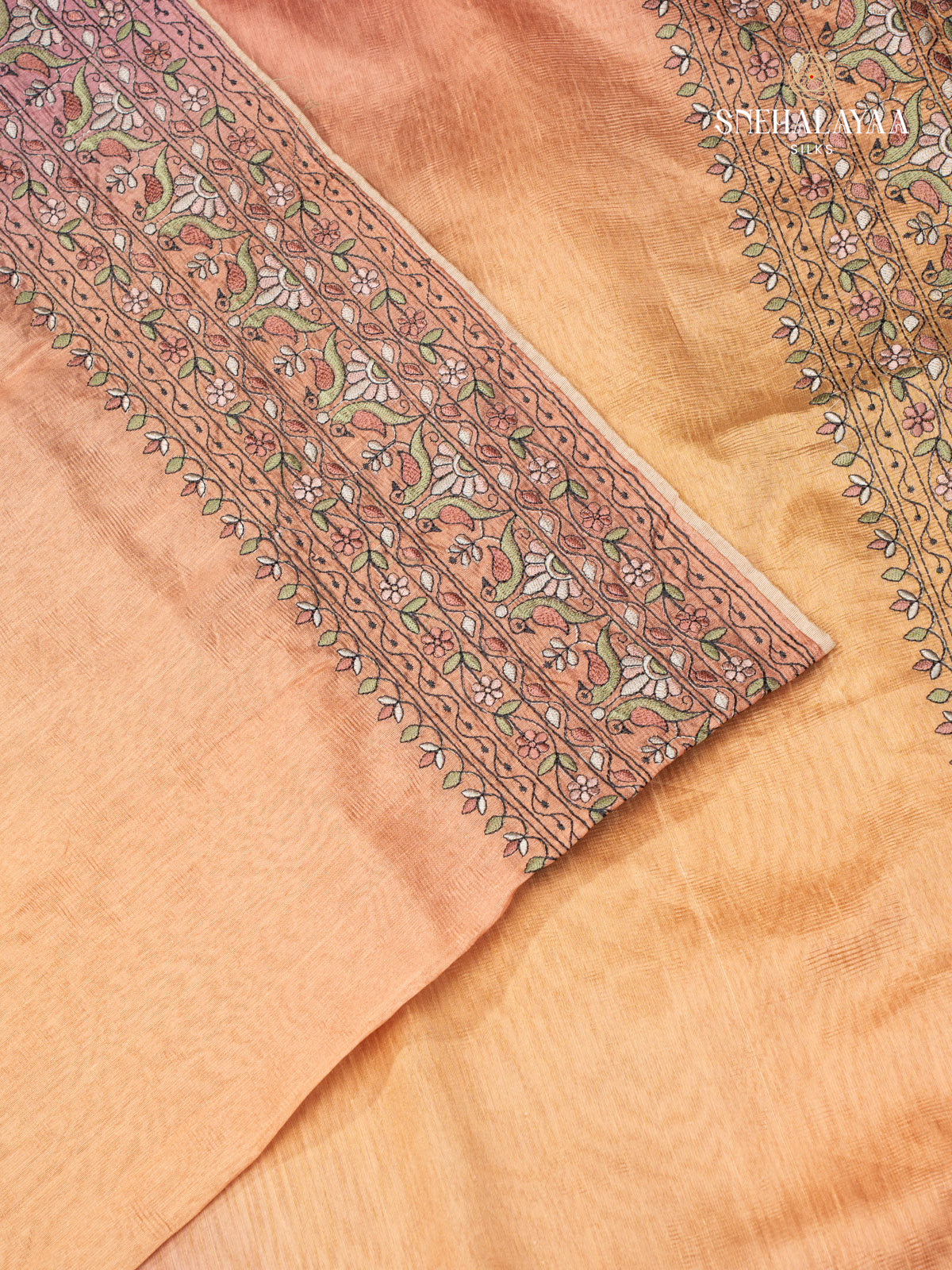 Orange Linen Embroidery Saree