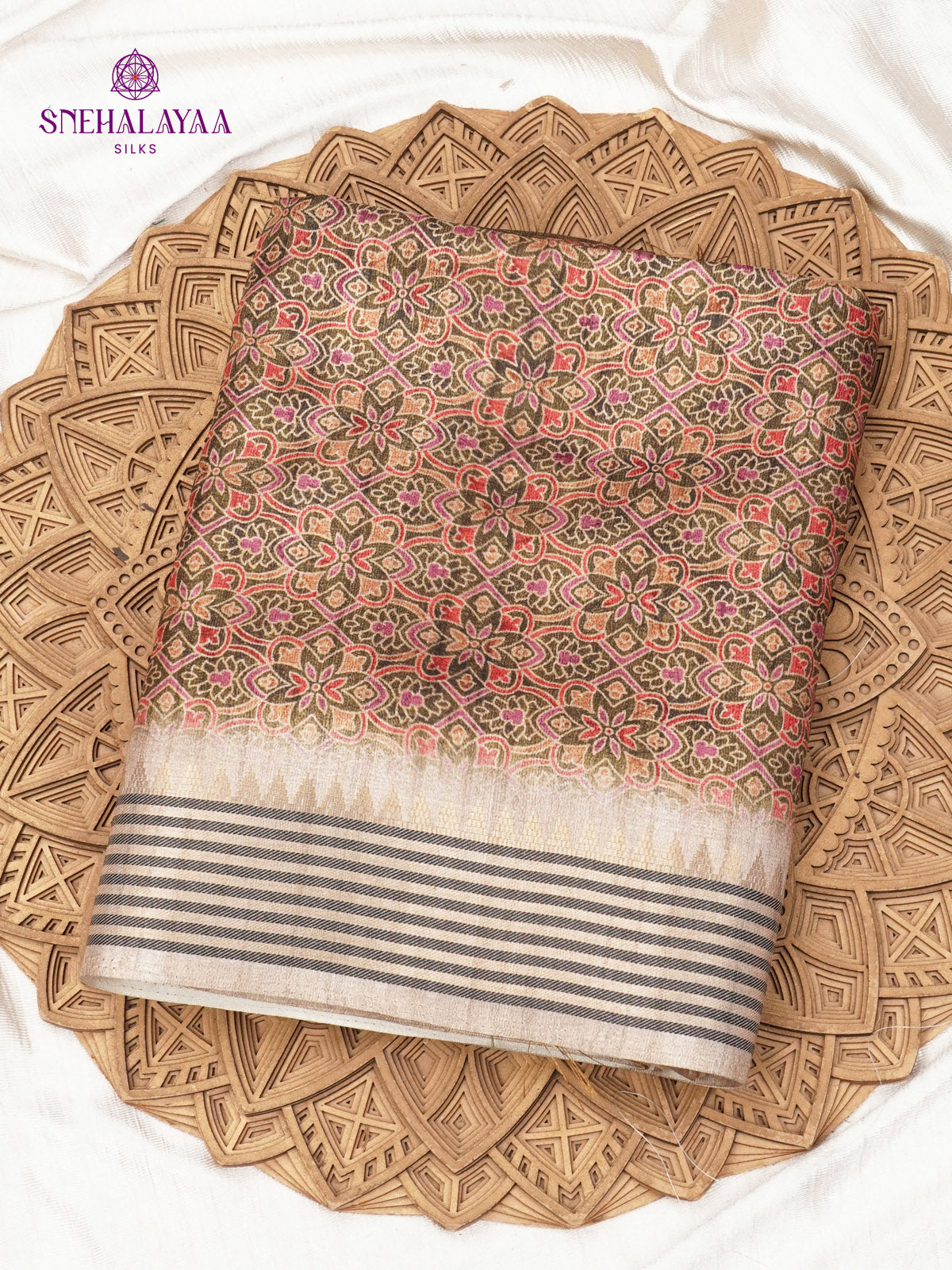 Brown Floral Printed Tussar Saree