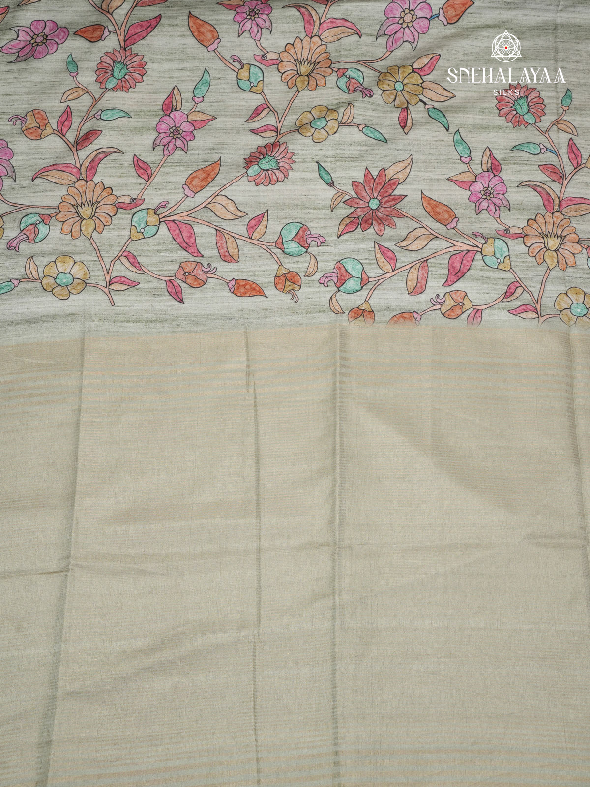 Grey Floral Printed Tussar Saree