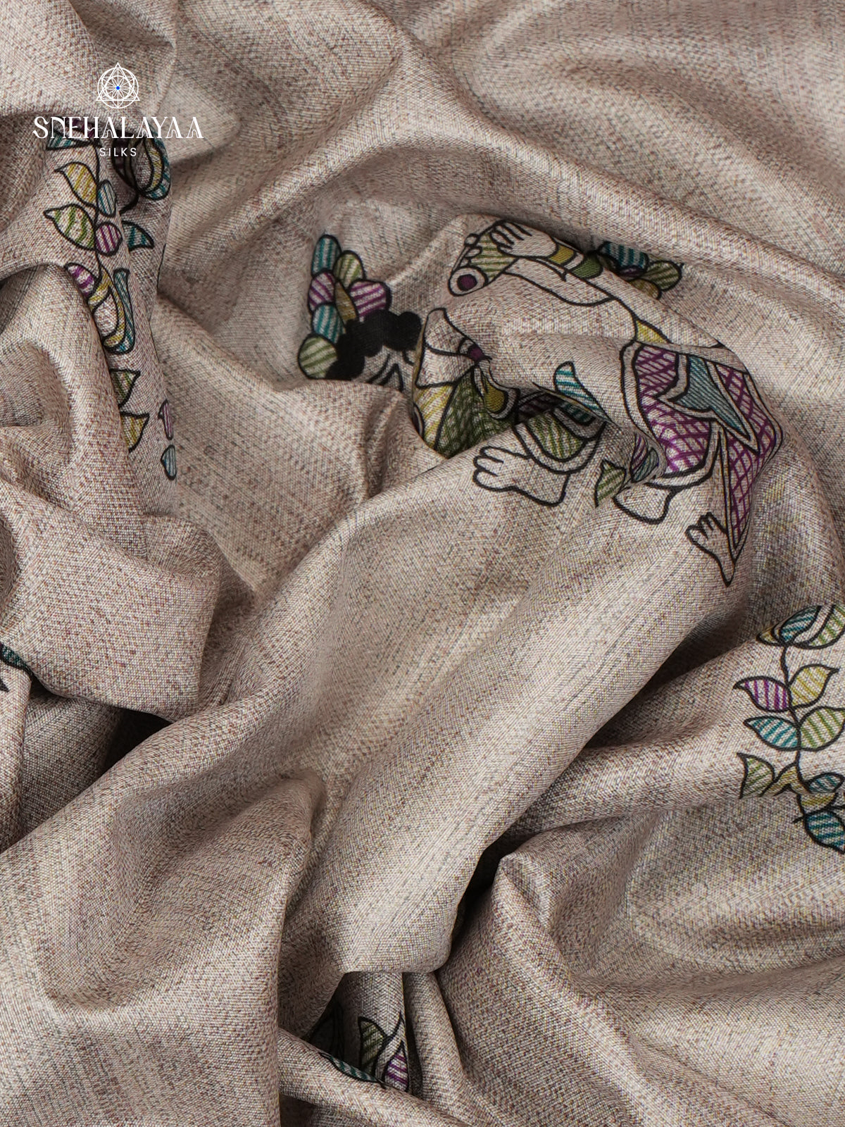 Beige With Orange Border Madhubani Saree