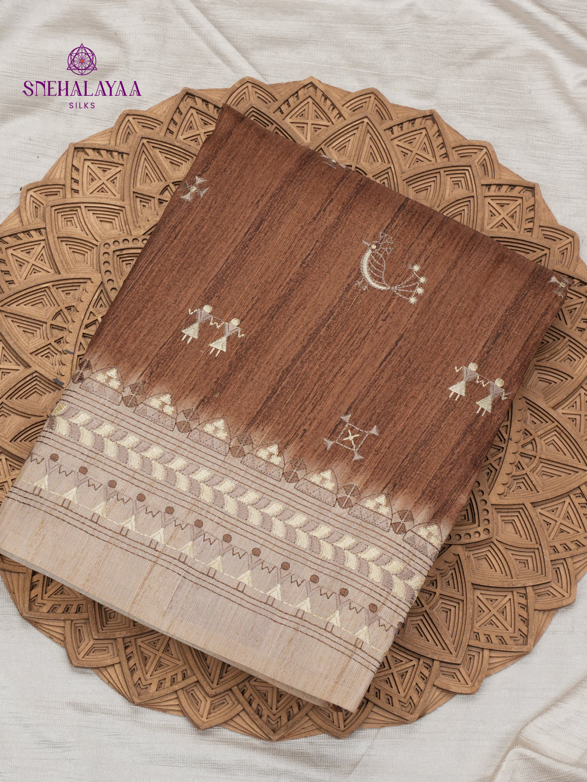 Brown Tussar Embroidery Saree