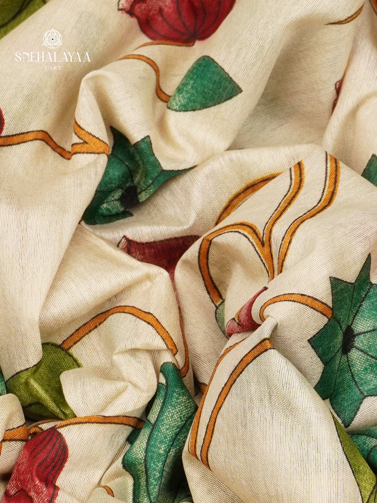 Beige With Green Border Bamboo Silk Saree