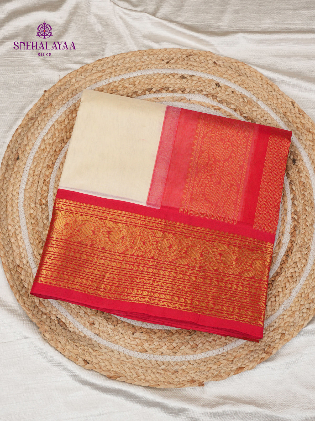 Off White Kuppadam Silk Cotton Saree with Red Zari Border