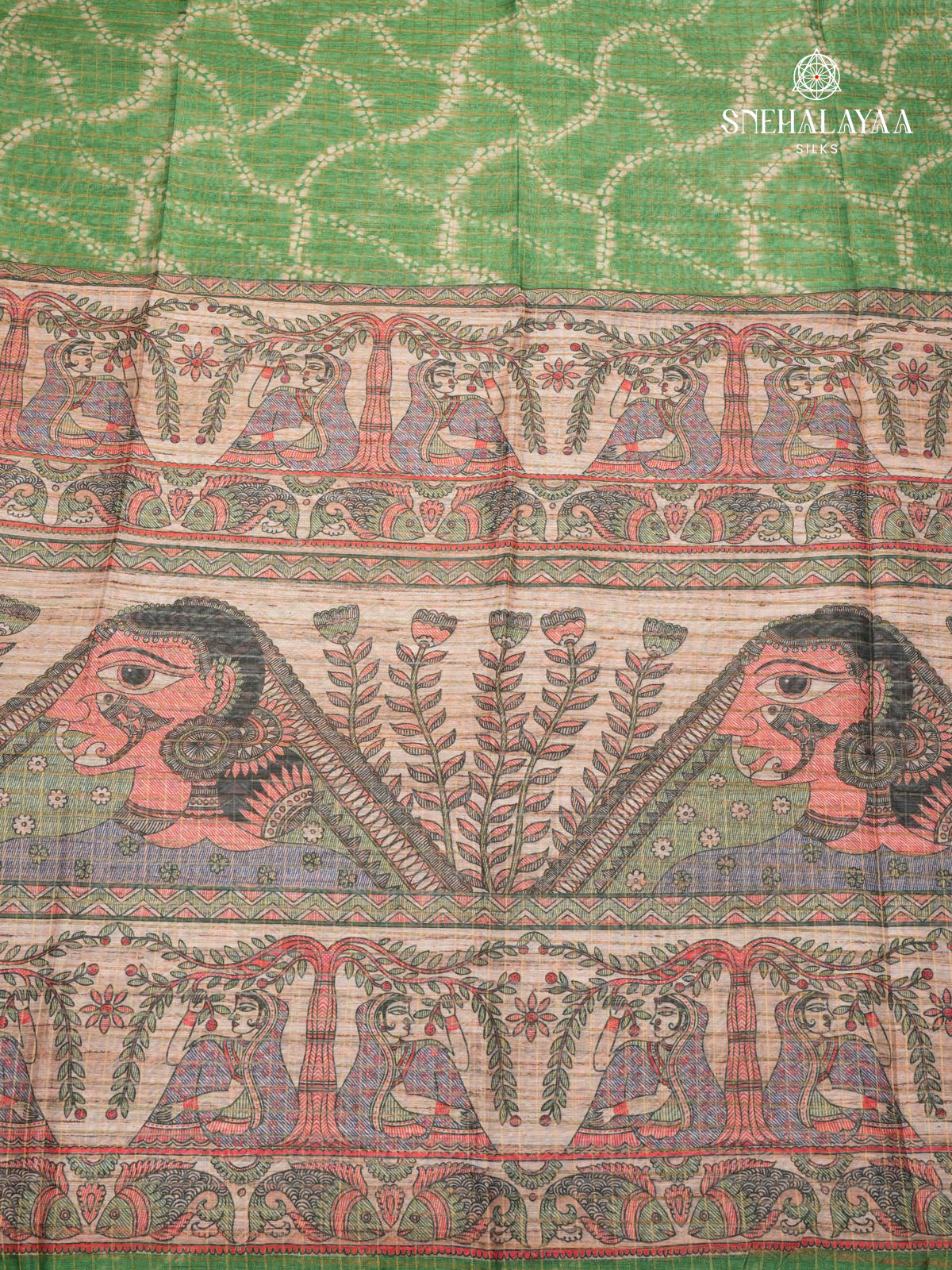 Green Madhubani Printed Saree