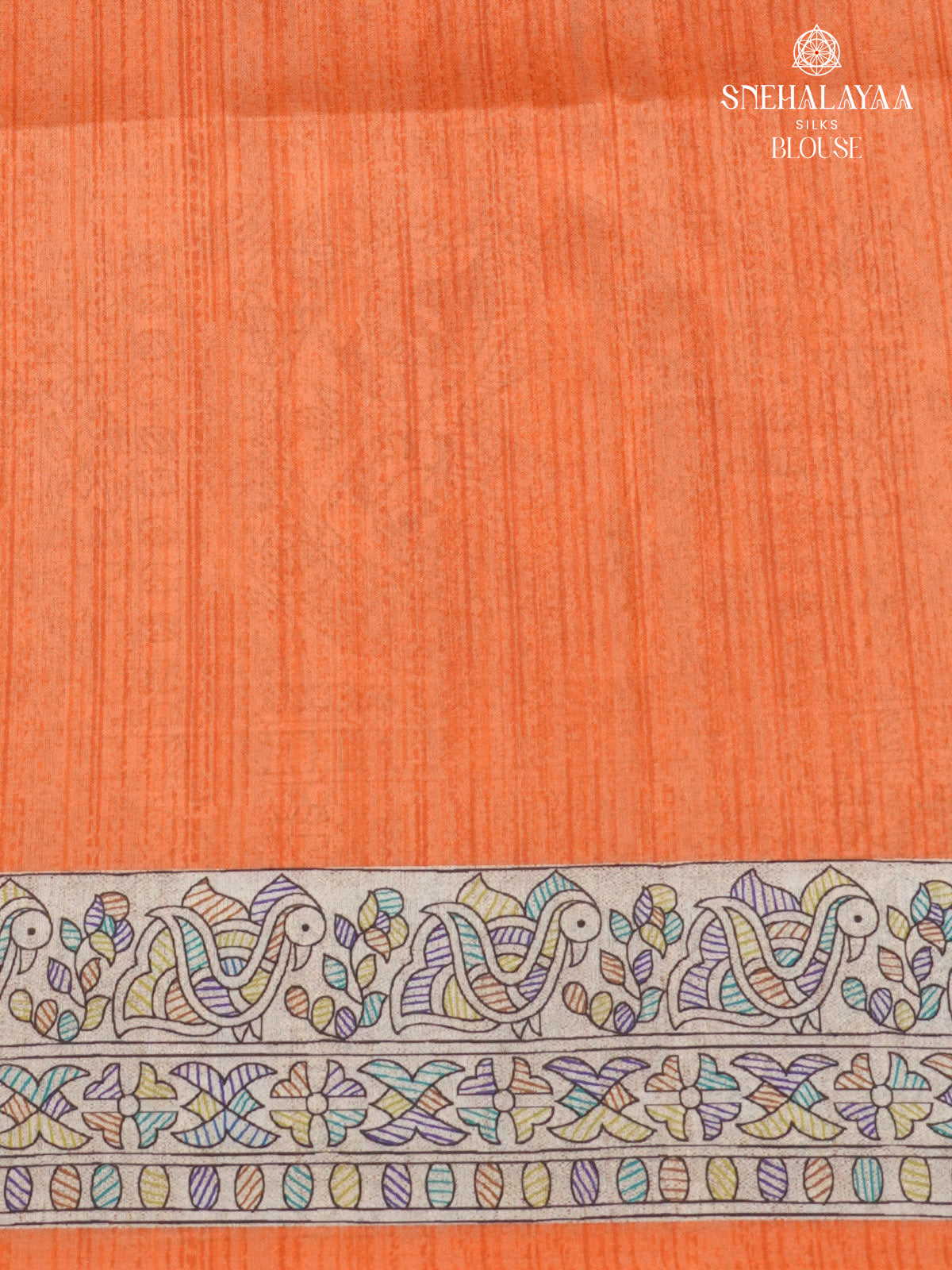 Beige With Orange Border Madhubani Saree