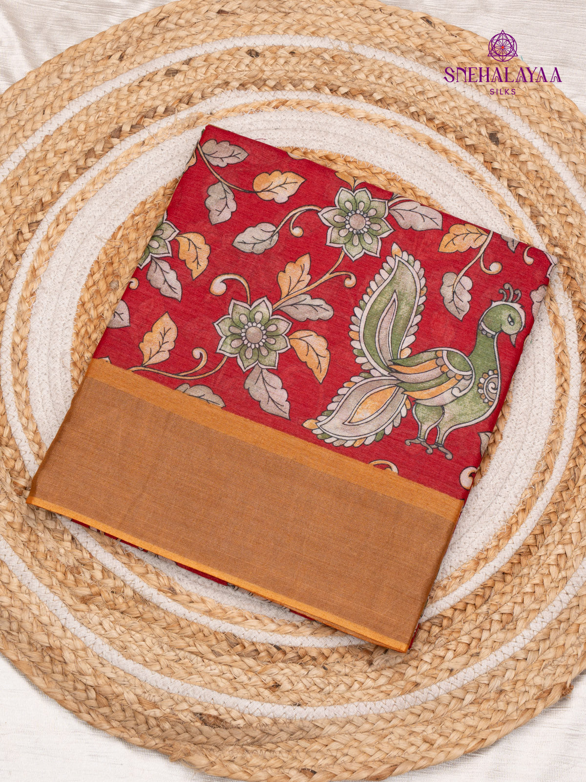 Red Printed Tussar Saree