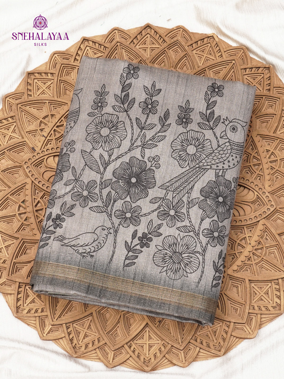 Grey Floral Printed Tussar Saree