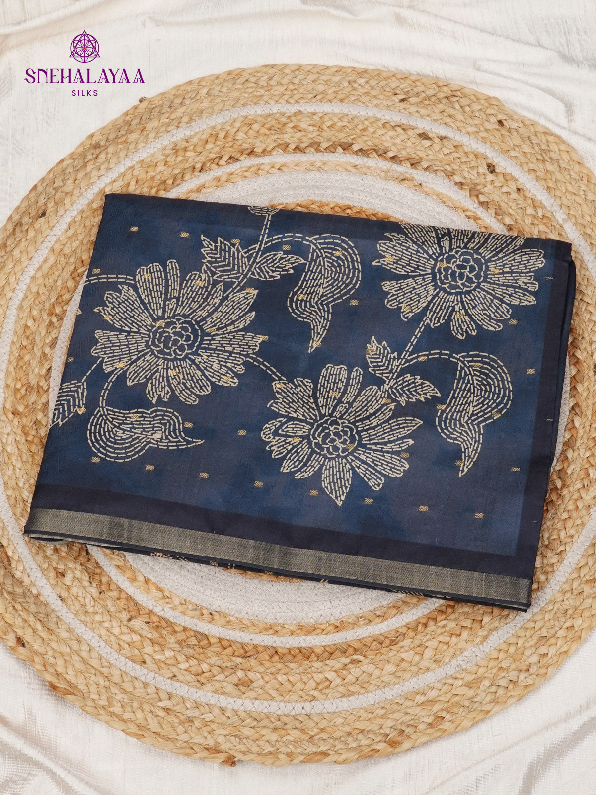 Teal Blue Floral Printed Tussar Saree