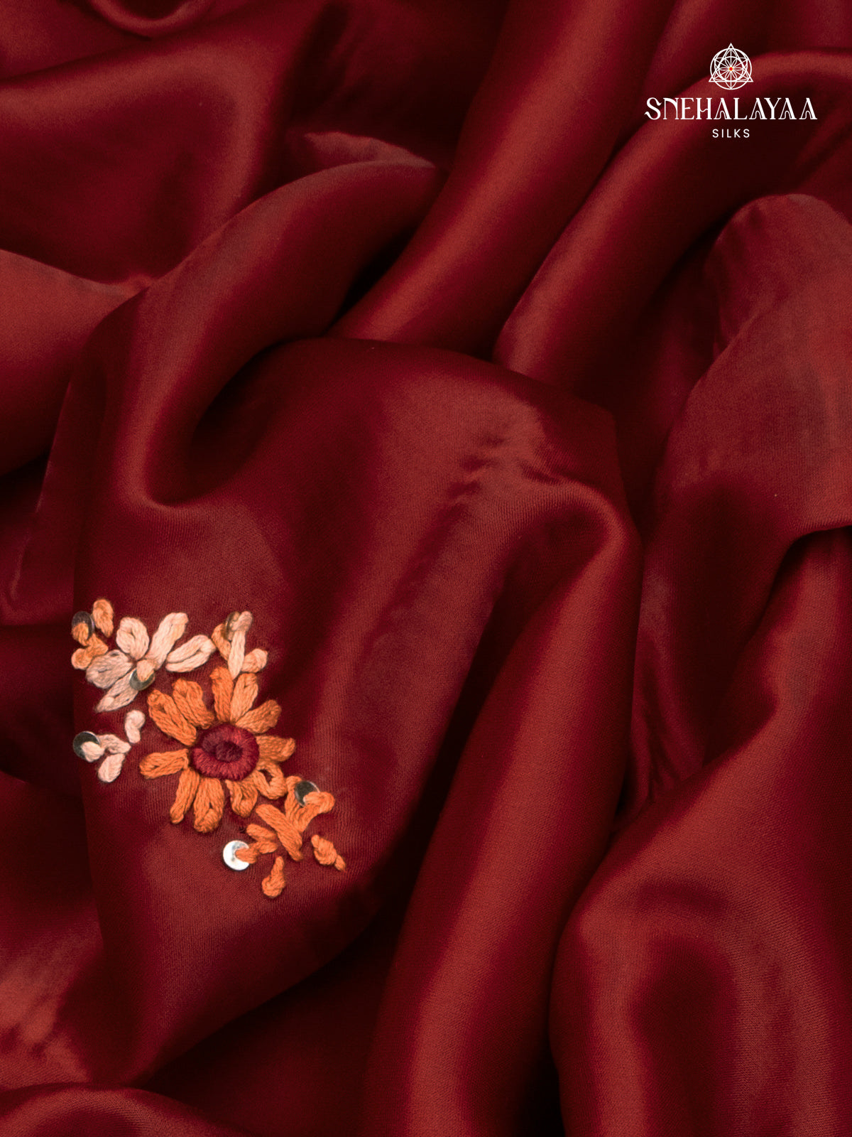 Maroon Satin Embroidery Saree