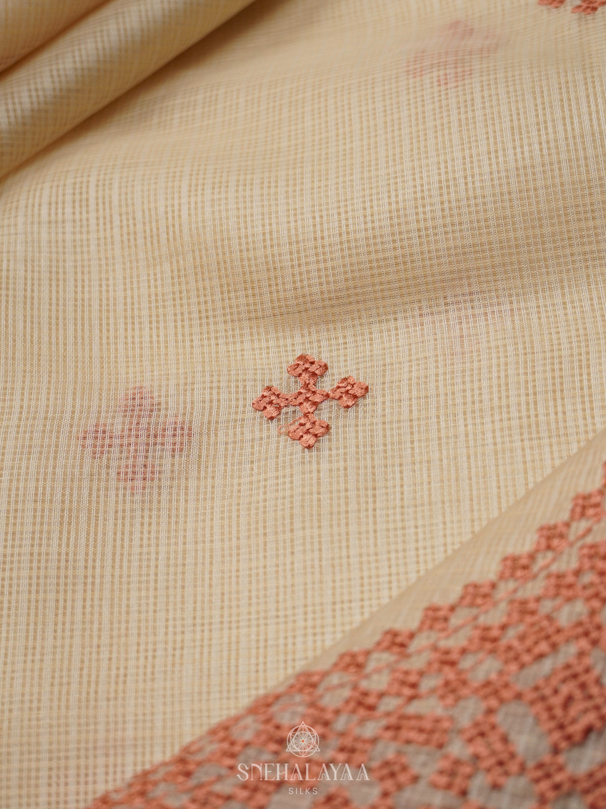 Cream Kota Embroidery with Pink Border