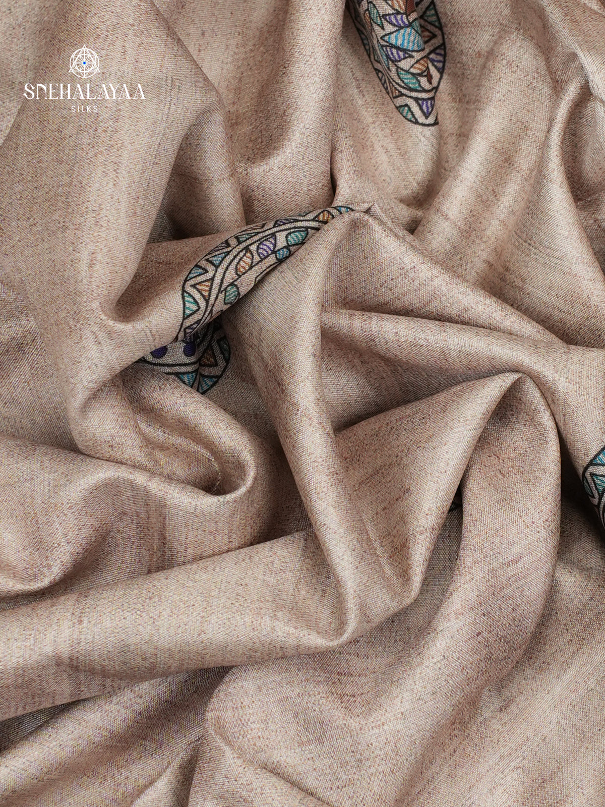 Beige With Blue Border Madhubani Saree