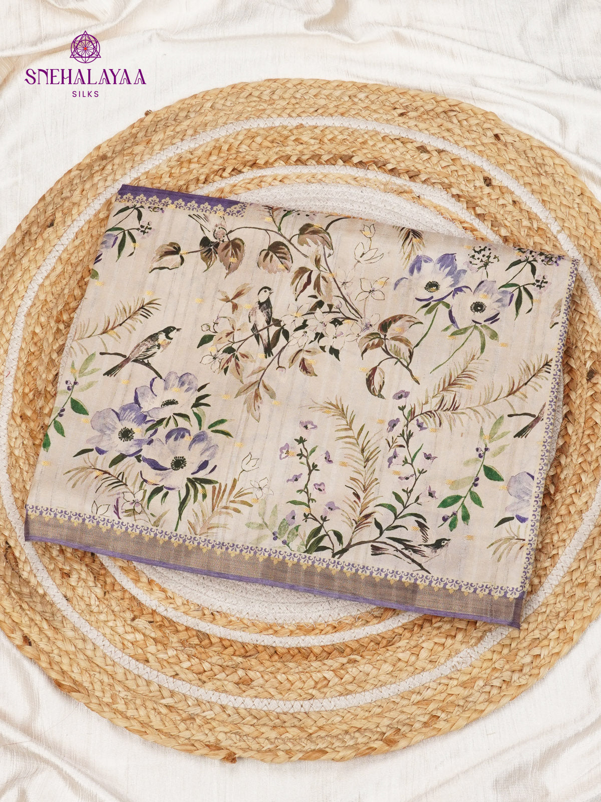 Purple Floral Printed Tussar Saree