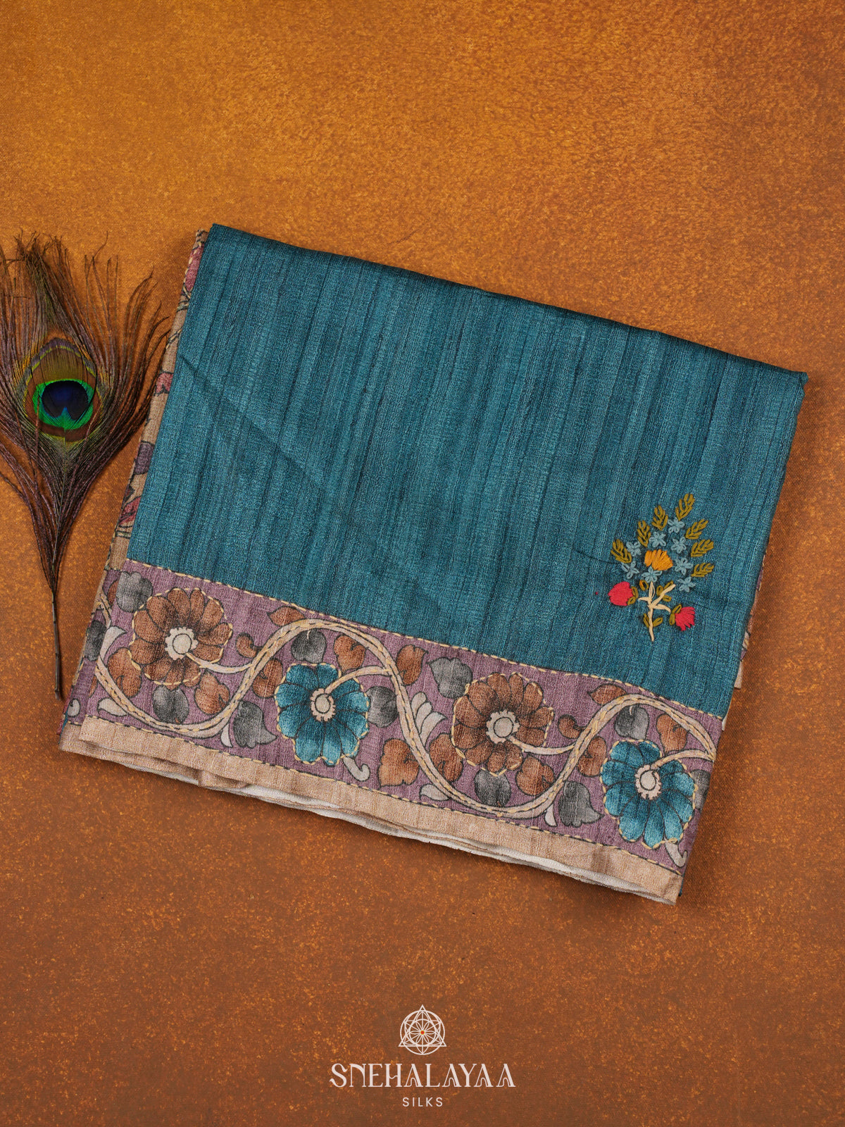 Teal Blue Tussar Embroidery Saree
