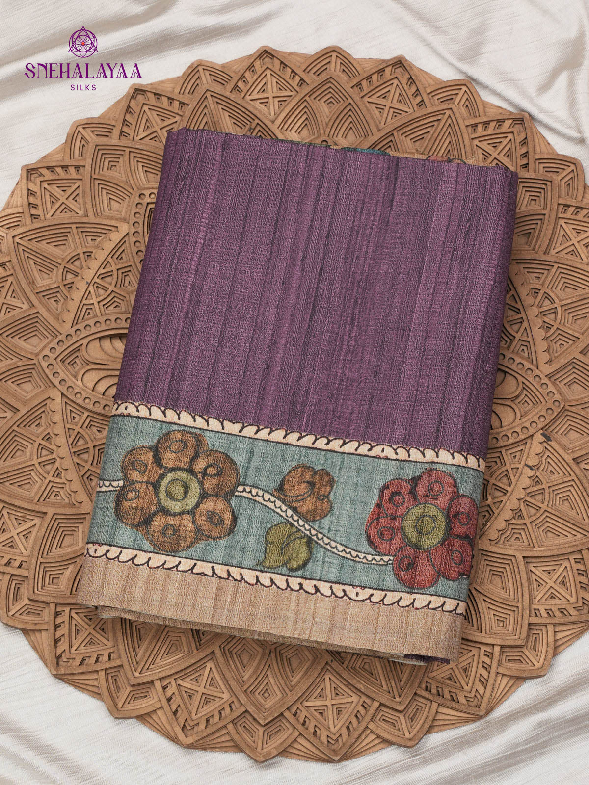 Plum Floral Printed Tussar Saree