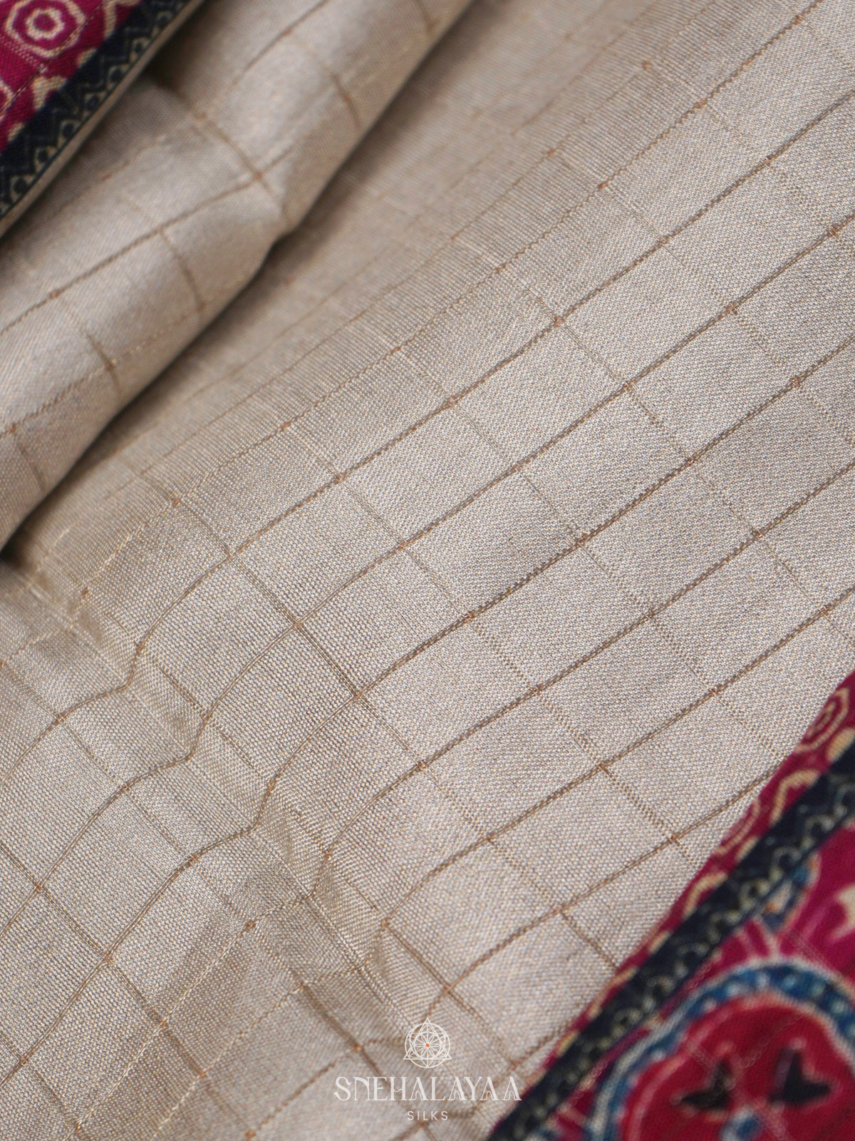 Cream Banaras Crepe Saree with Pink Border