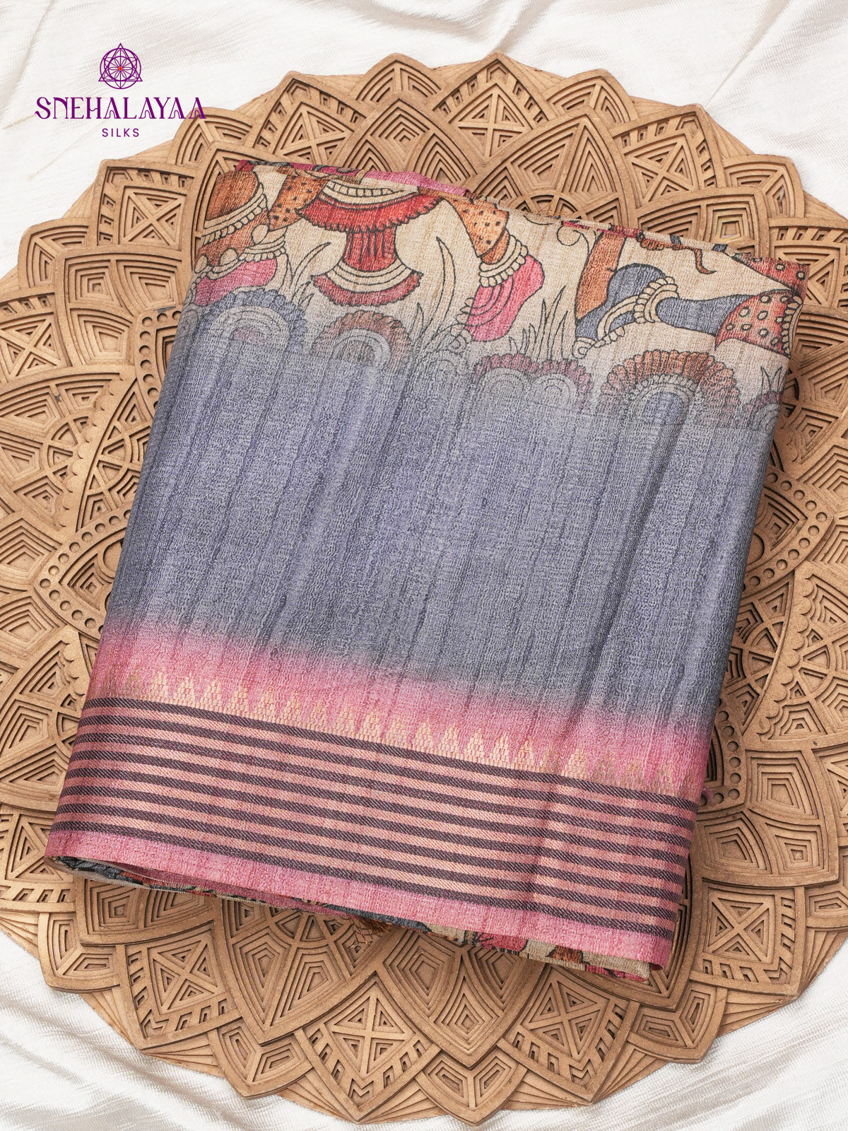 Beige With Grey Border Kalamkari Tussar Saree