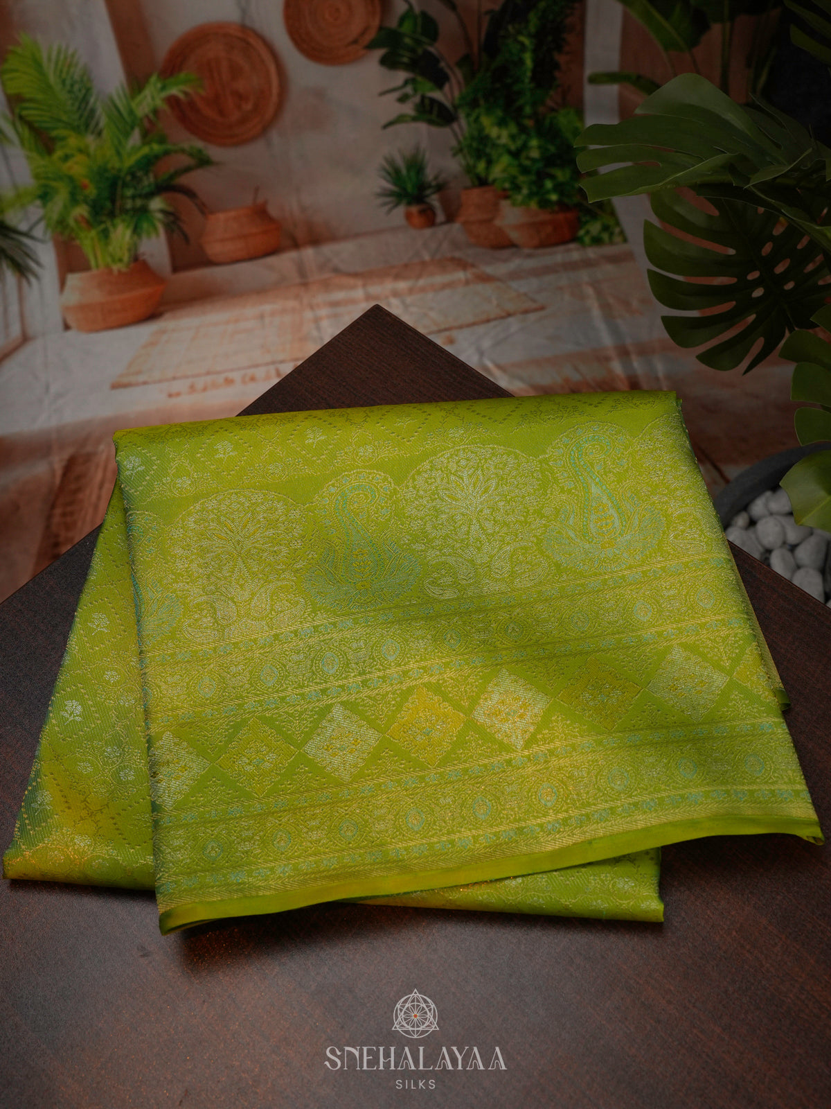 Lime Green Kanjivaram Silk Saree