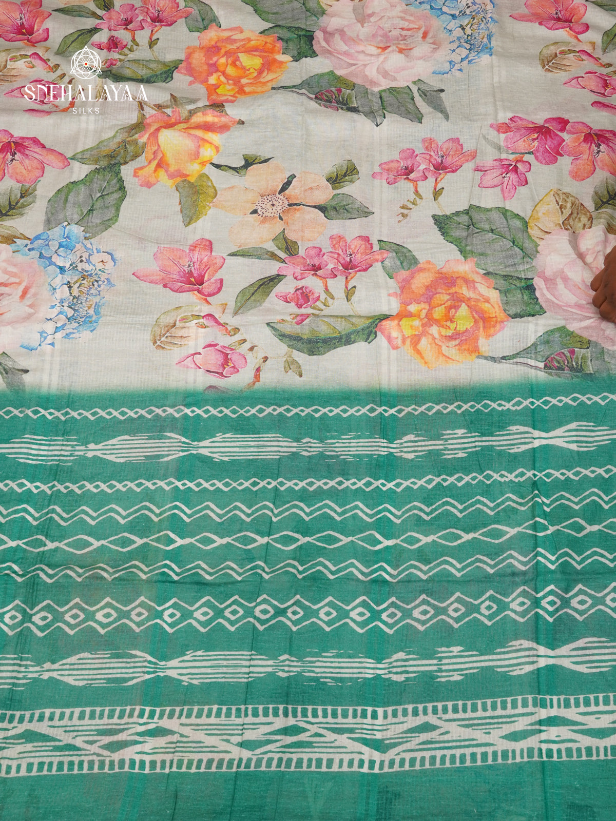 Off White Printed Linen Cotton Saree