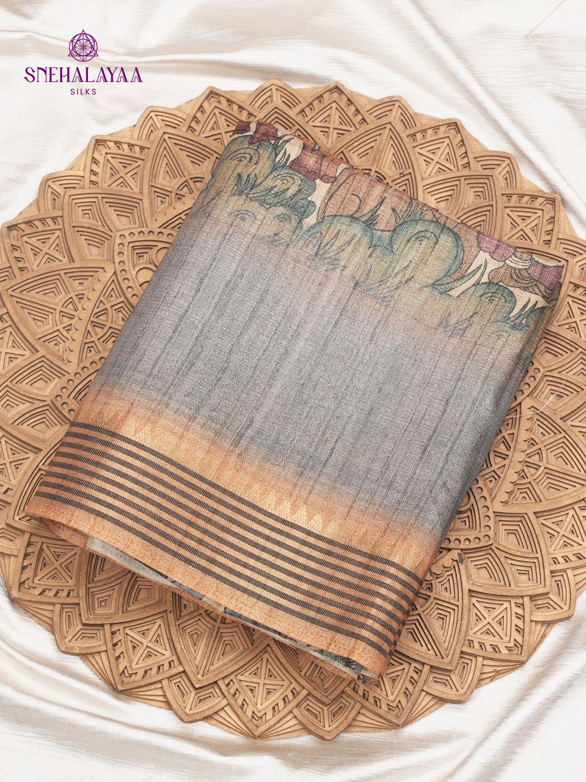 Beige With Grey Border Kalamkari Tussar Saree