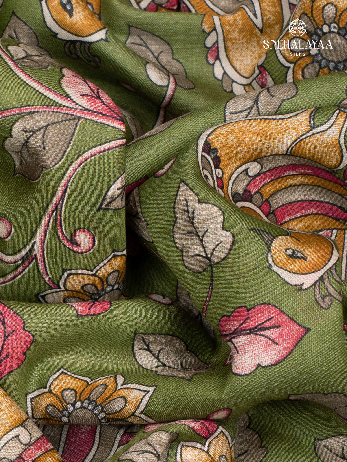 Olive Green Printed Tussar Saree