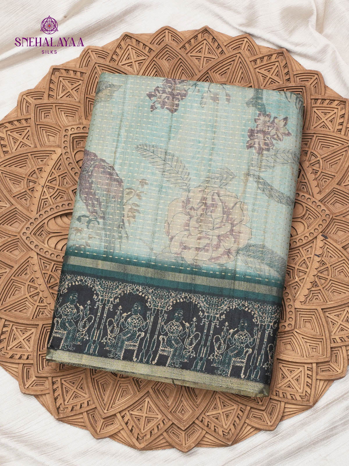 Teal Blue Floral Printed Tussar Saree