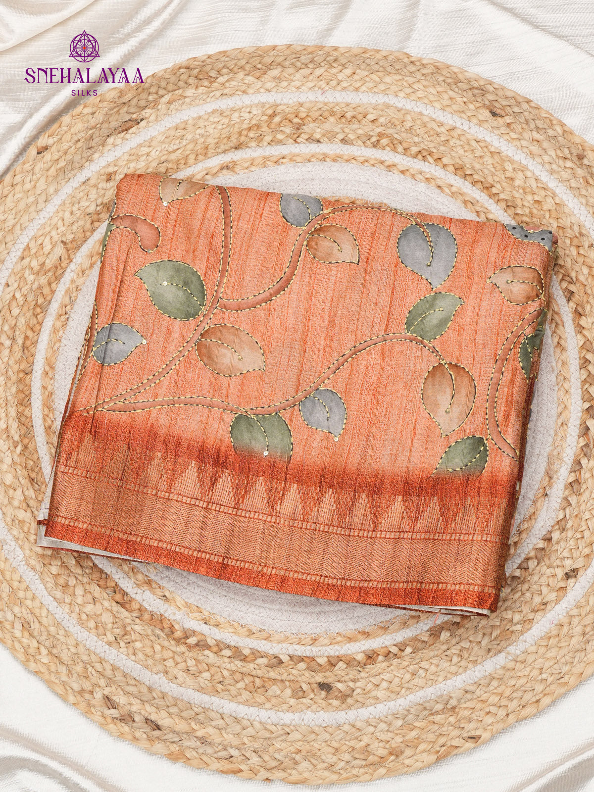 Orange Tussar Embroidery Saree