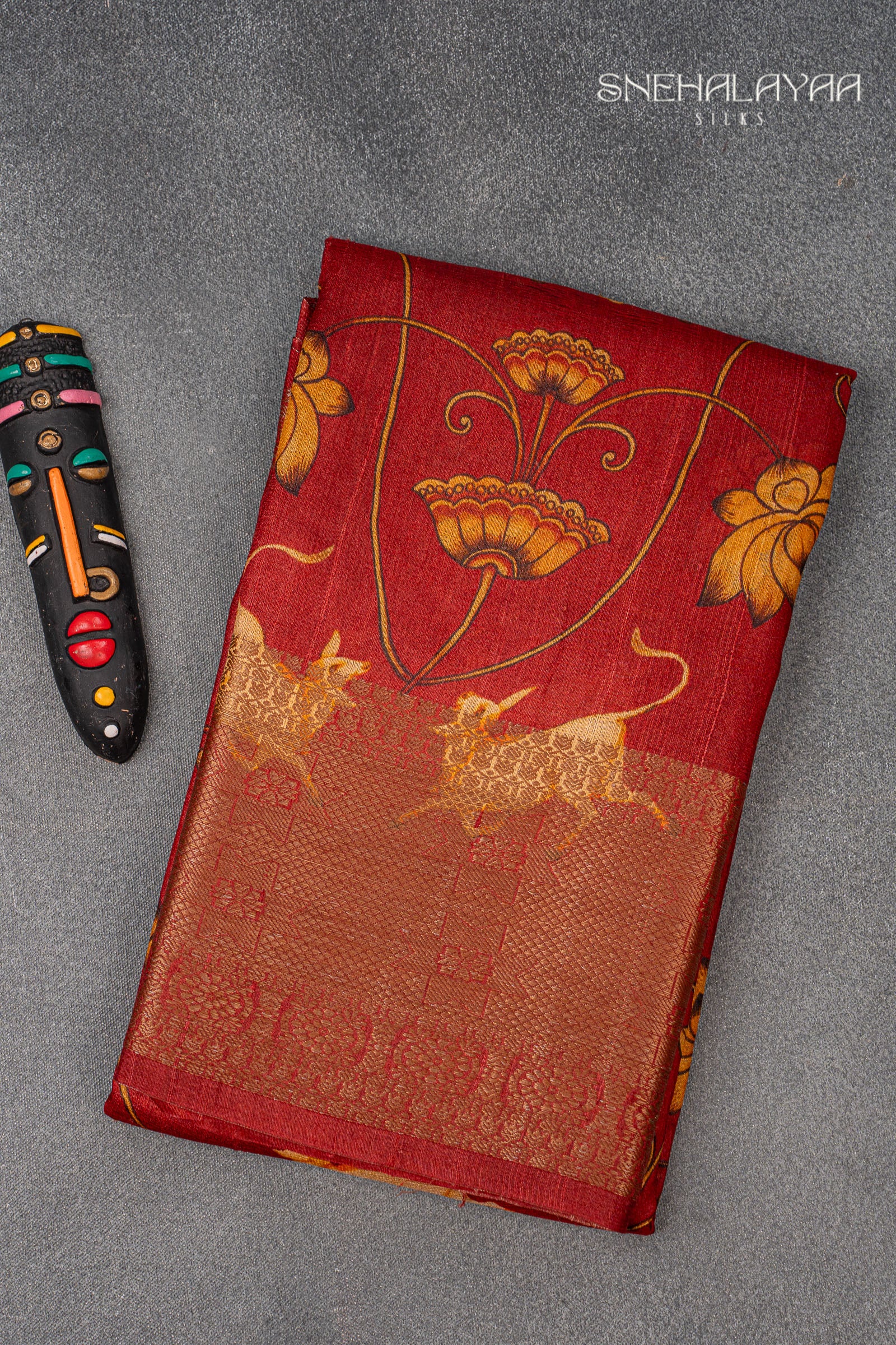 Crimson Red Printed Jute Tussar Saree