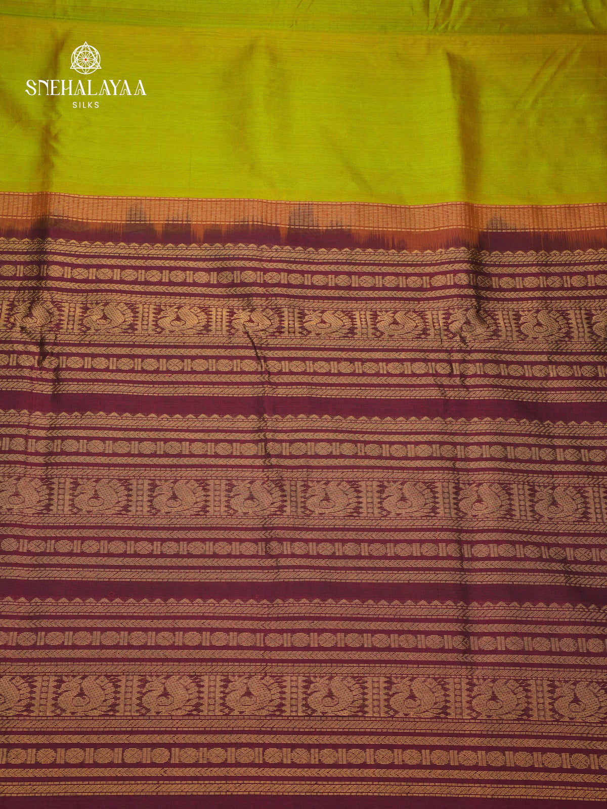 Parrot Green Kuppadam Silk Cotton Saree with Maroon Zari Temple Border