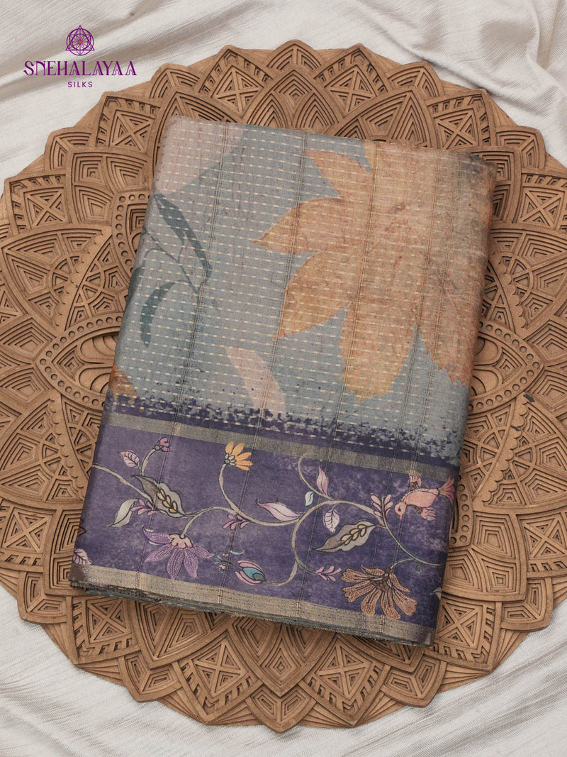 Grey Floral Printed Tussar Saree