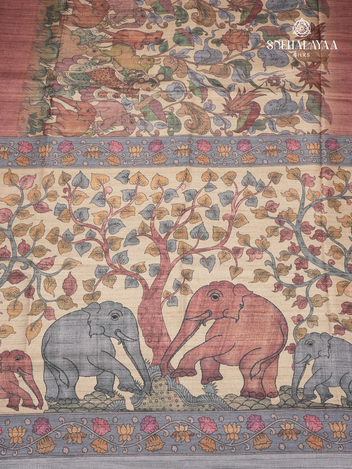 Beige With Maroon Border Kalamkari Tussar Saree