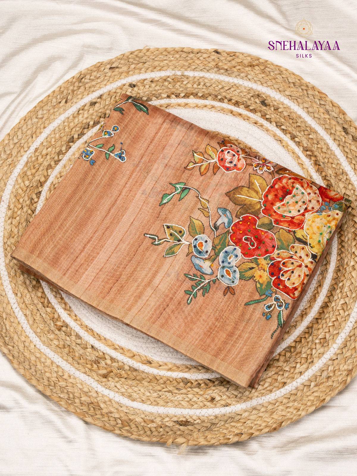 Orange Linen Embroidery Saree