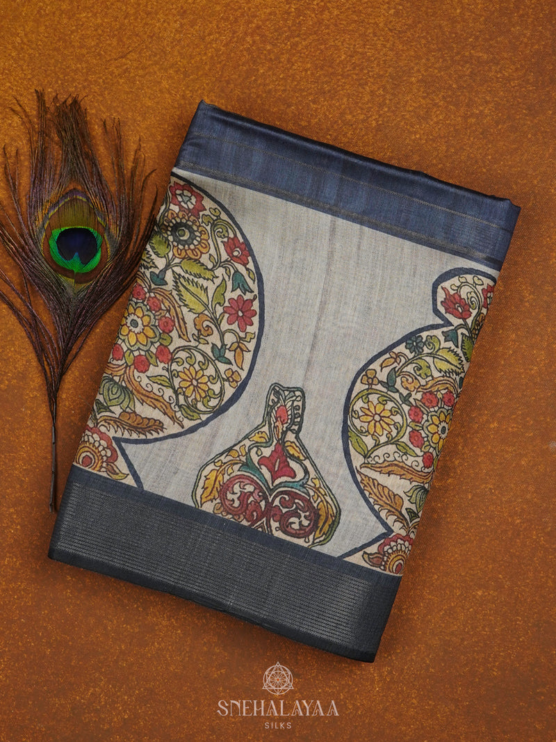 Navy Blue Munga Tussar Saree