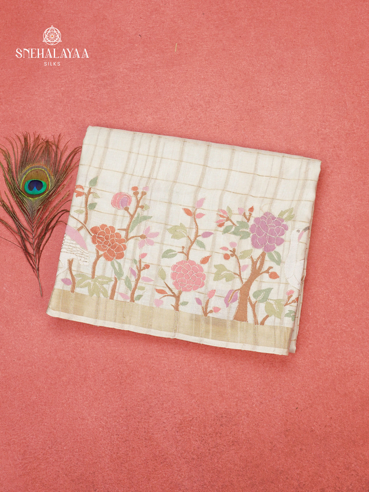 White Munga Tussar Embroidery Saree