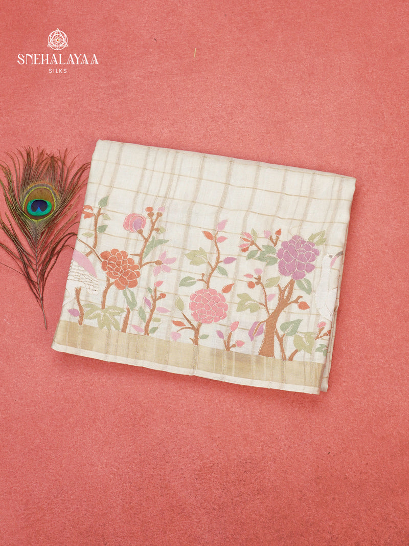 White Munga Tussar Embroidery Saree