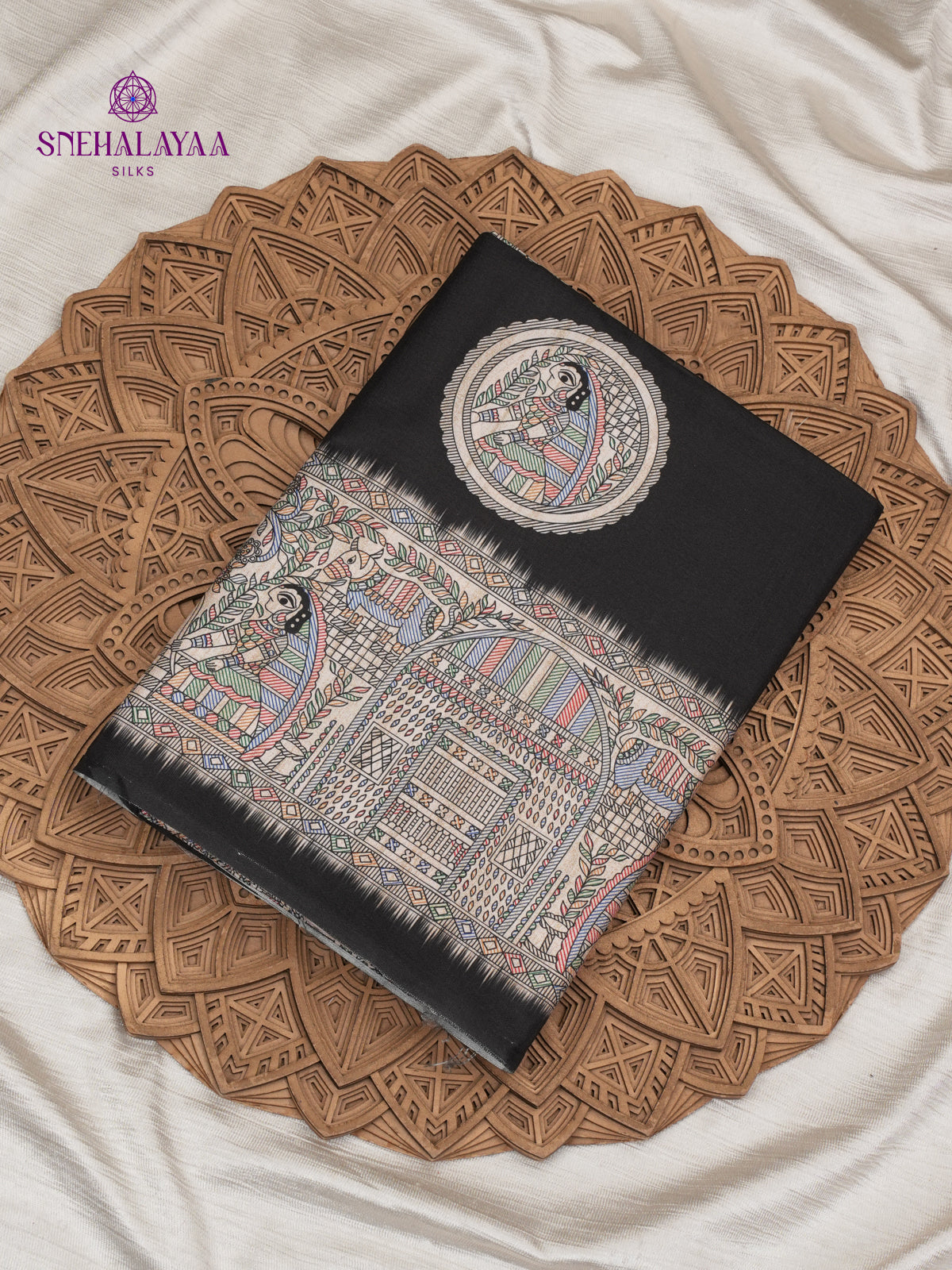 Black Madhubani Printed Saree