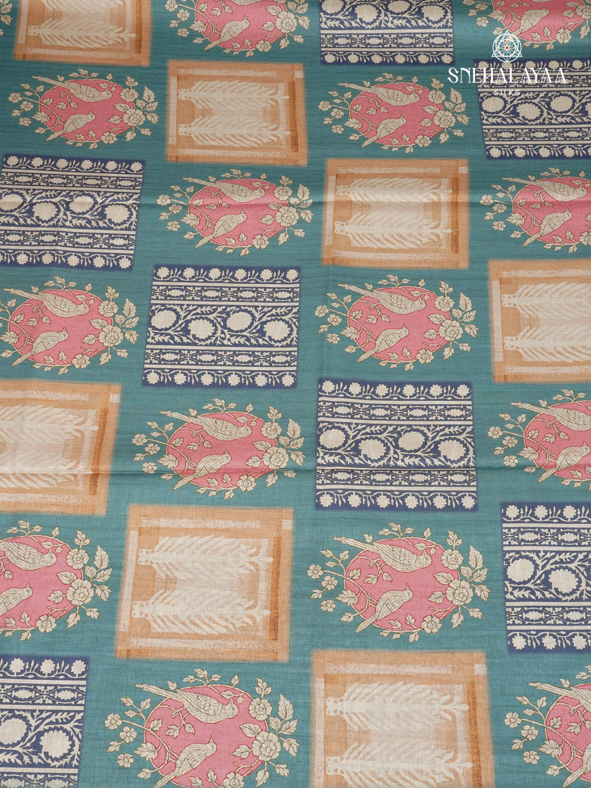 Teal Blue Floral Printed Tussar Saree