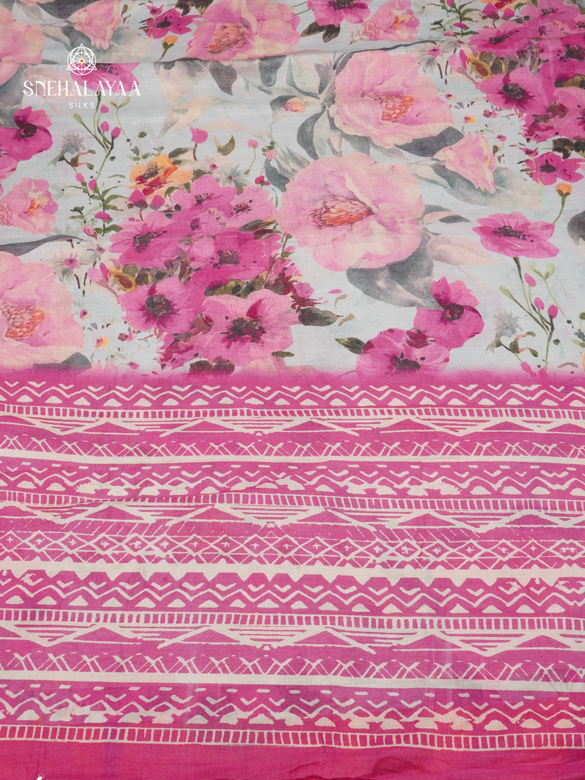 Pale Blue Printed Linen Cotton Saree