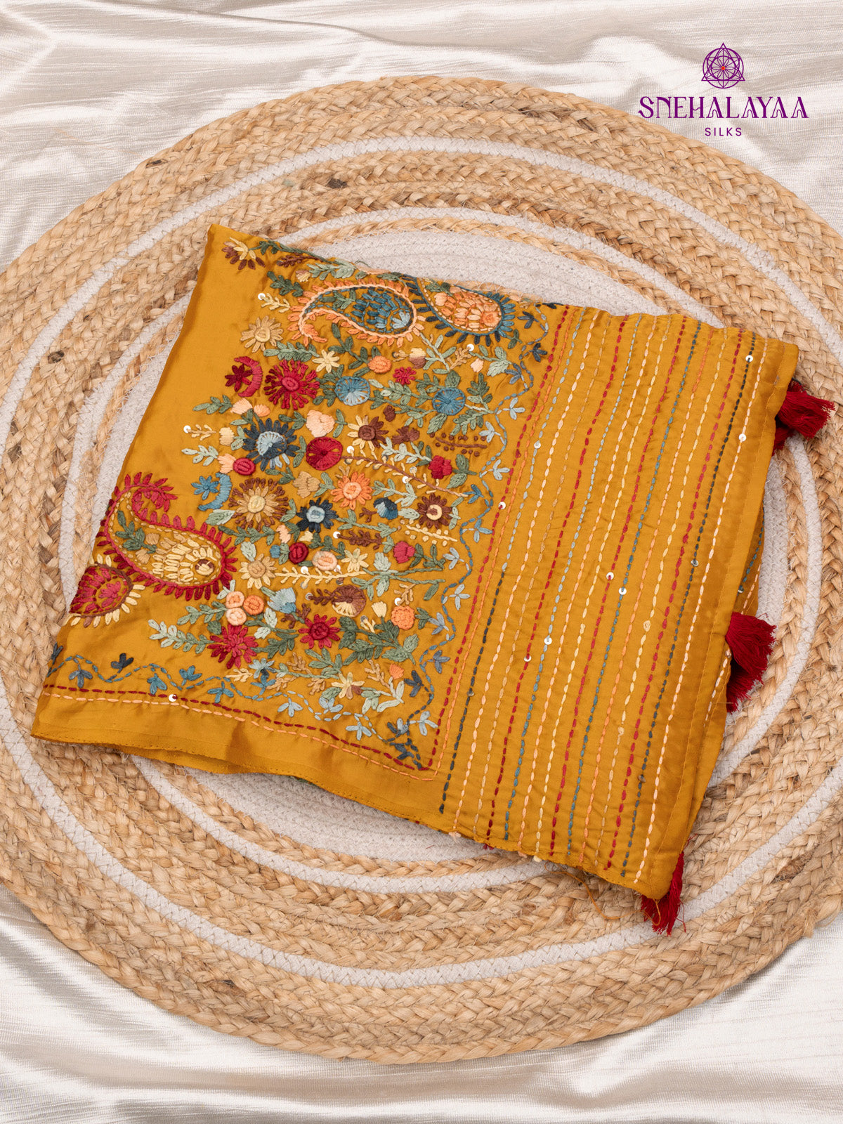 Mustard Yellow Satin Embroidery Saree