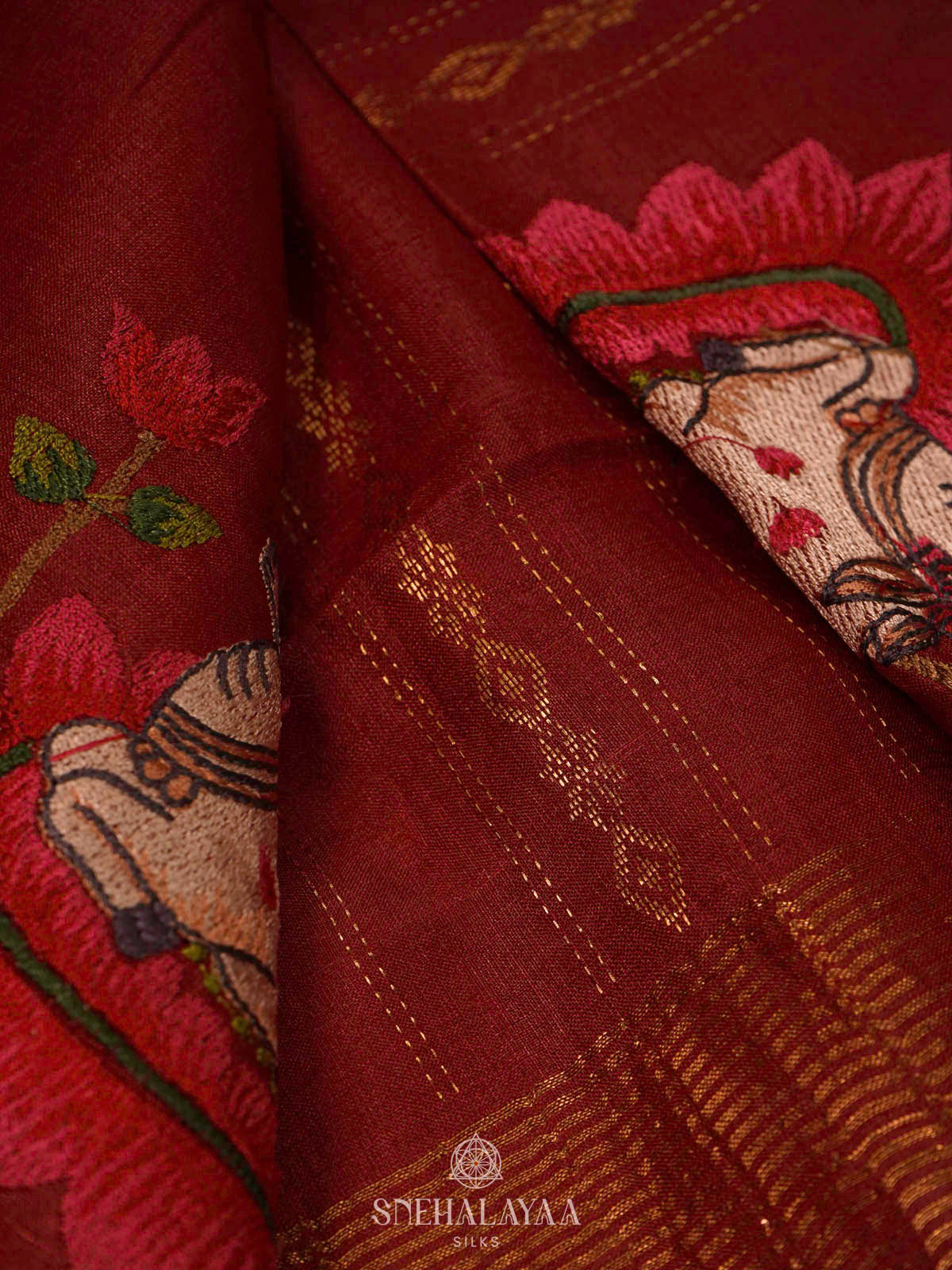 Maroon Tussar Embroidery Saree