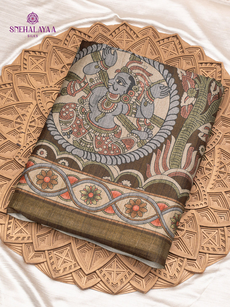 Brown Printed Tussar Saree