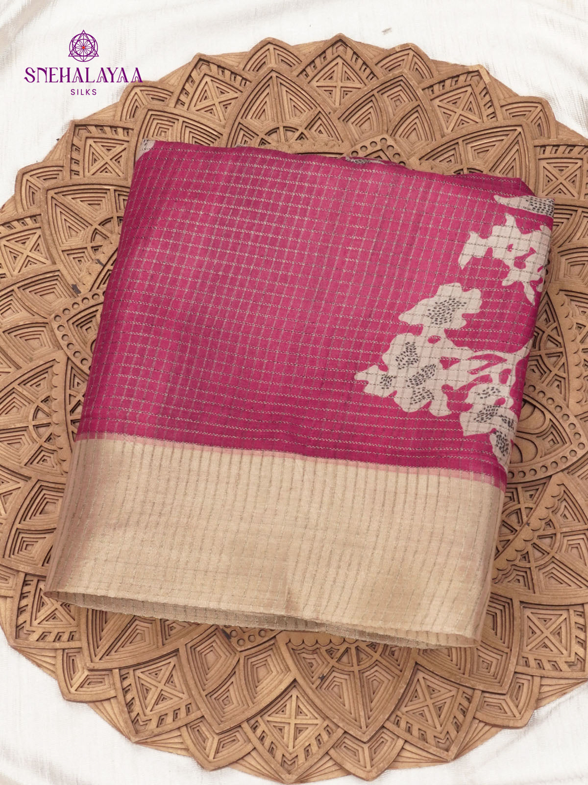 Magenta Floral Printed Tussar Saree