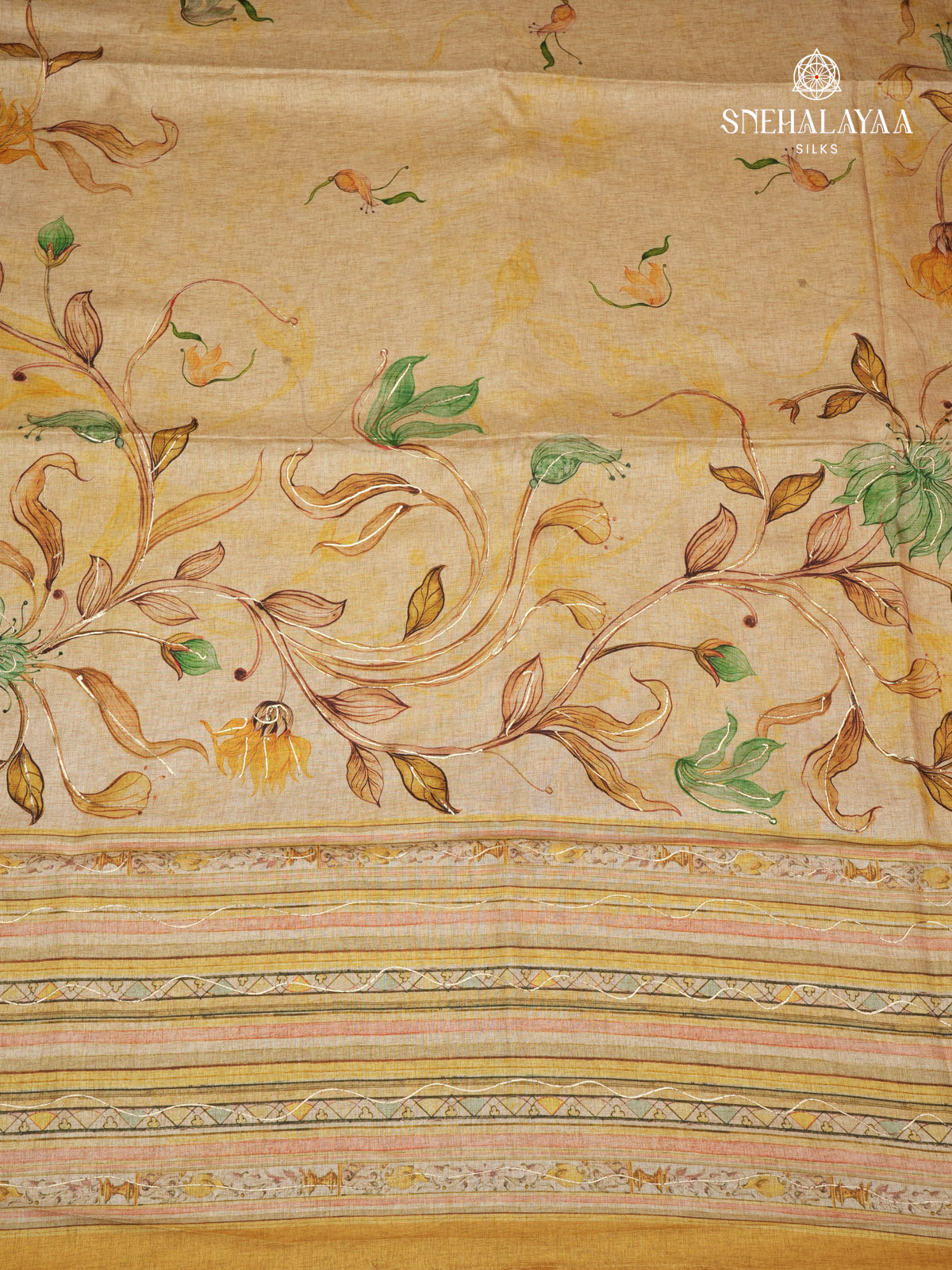 Beige Golden Floral Printed Tussar Saree