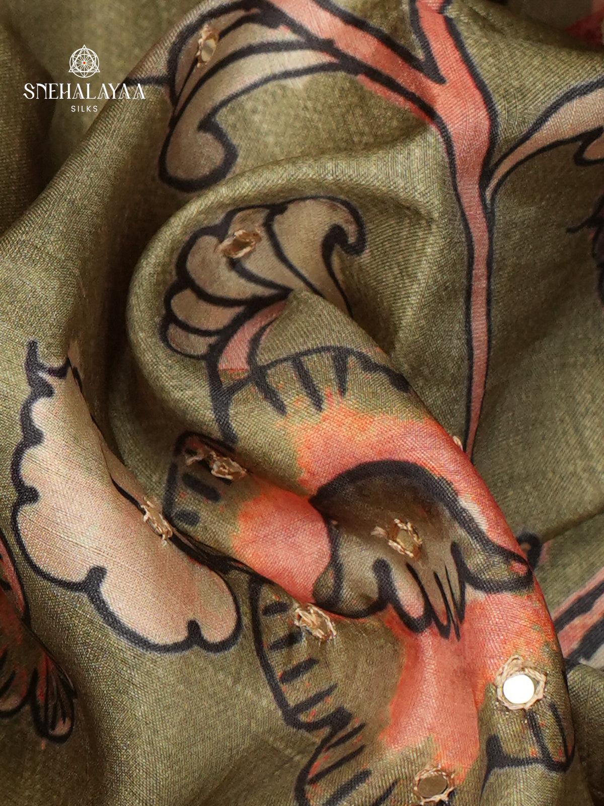 Olive Green Tussar Embroidery Saree