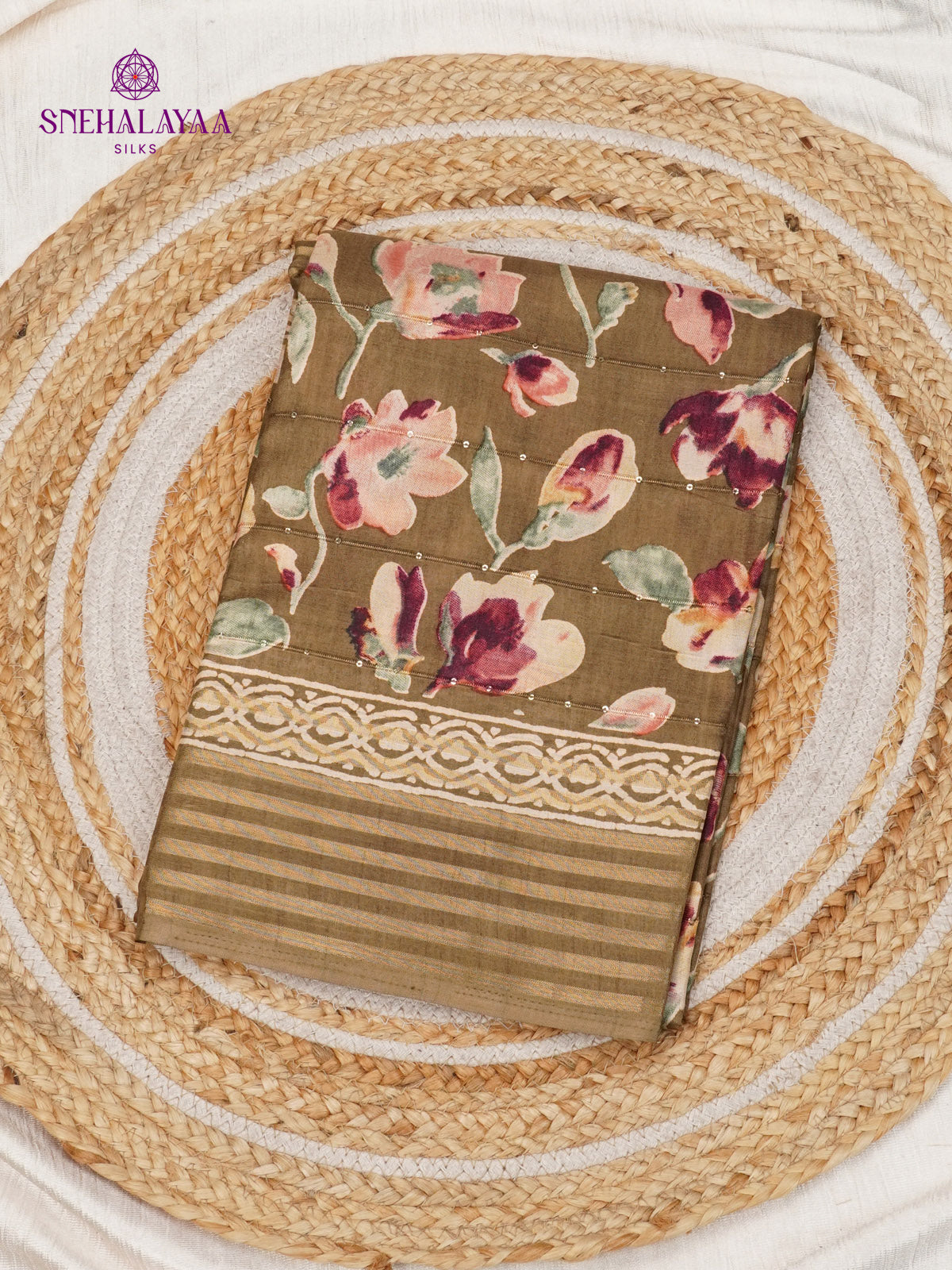 Brown Floral Printed Tussar Saree