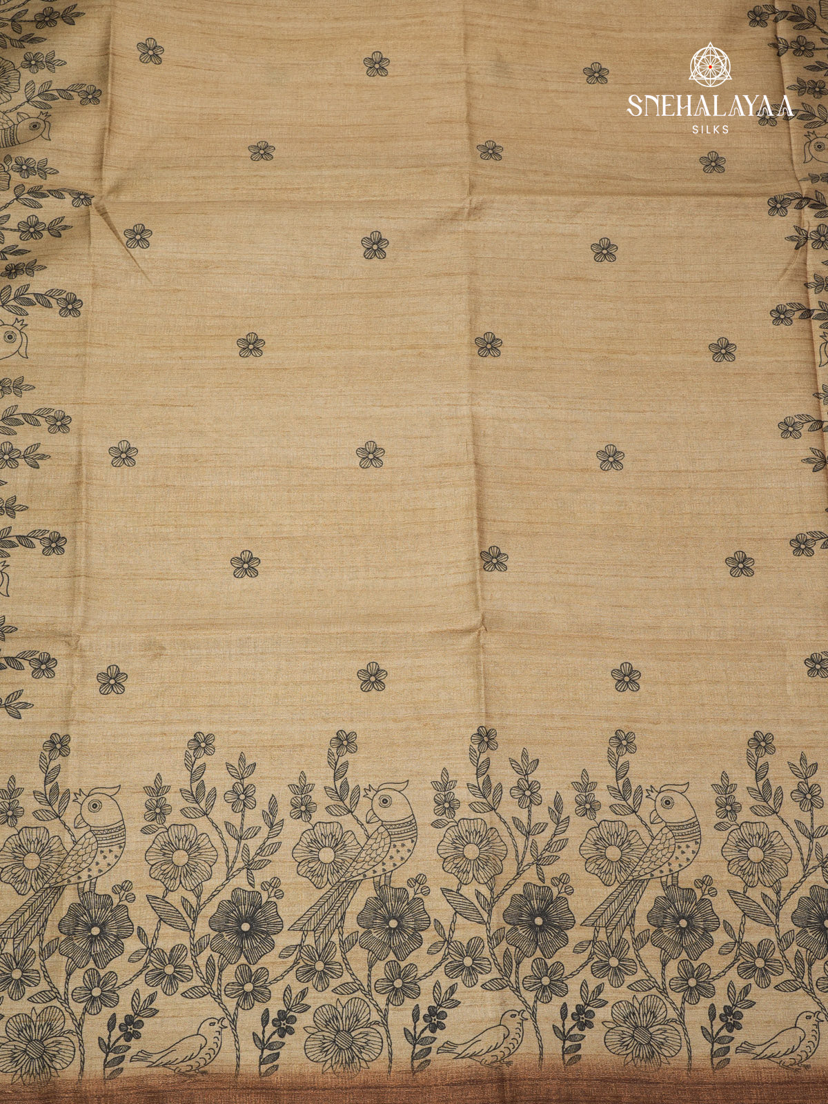 Beige Floral Printed Tussar Saree