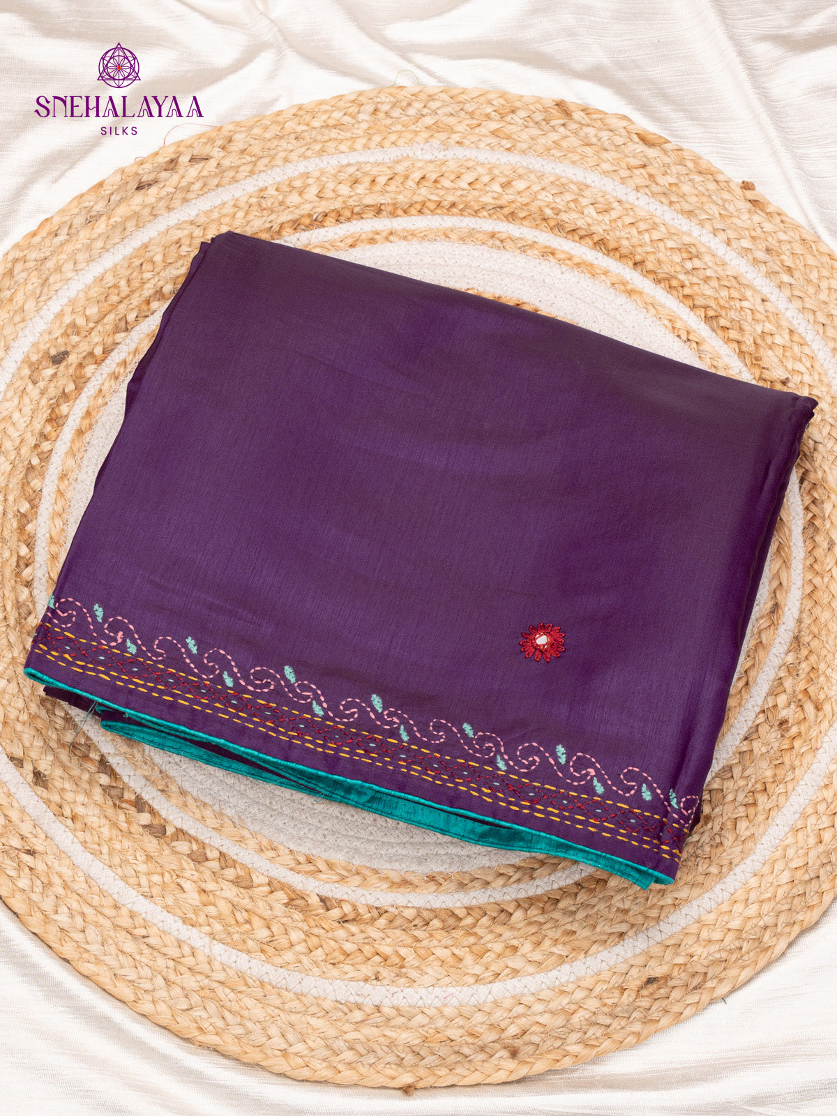 Plum Raw Silk Embroidery Saree